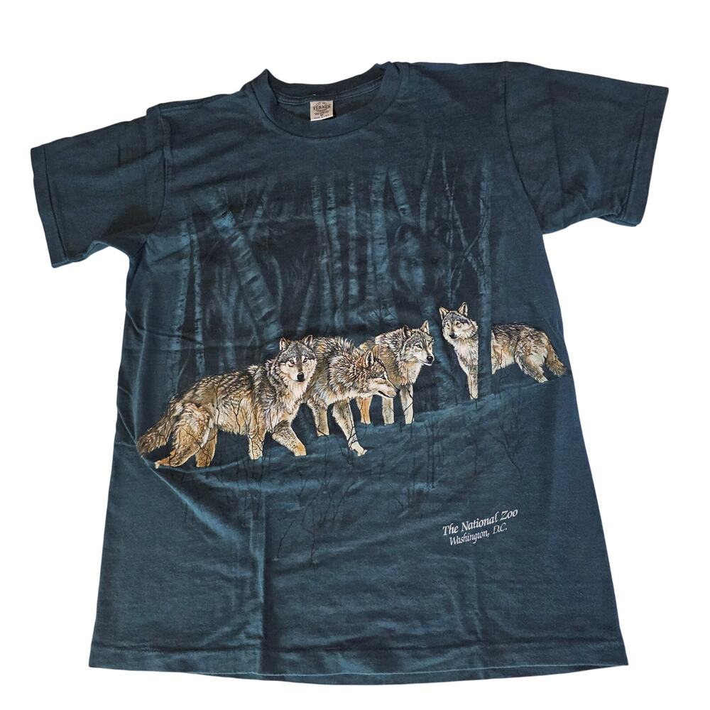 Vintage 90s Turner Single Stitch Wolves T-Shirt Blue Animal Nature M USA 3599